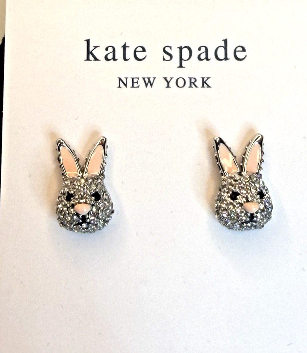 Kate Spade NY Bunny Rabbit Stud Earrings Make Magic Fuzzy Tail Backs NWT + Pouch